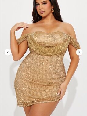 Staying Golden Off-Shoulder Sequin Mini Dress